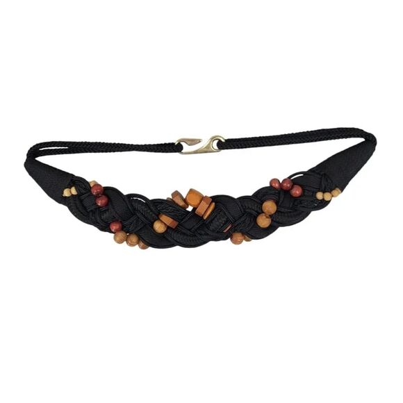 None Accessories - Black Braided Belt with Wooden Beads Vintage 80s Nylon Strech Cord Woven